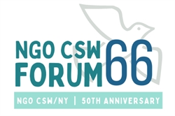 [ai] A logo for the NGO CSW Forum 66, featuring the text 'NGO CSW FORUM 66' in varying shades of blue with a white dove outline in the background. The text 'NGO CSW/NY 50th Anniversary' is displayed at the bottom.